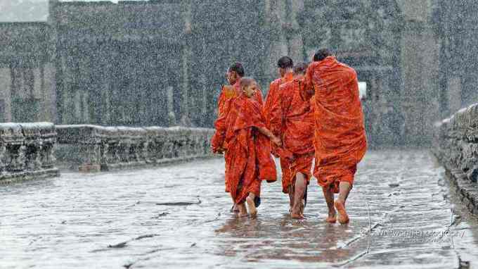 Monks Walking in Rain in Front of Ankor Wat Temple, Cambodia
